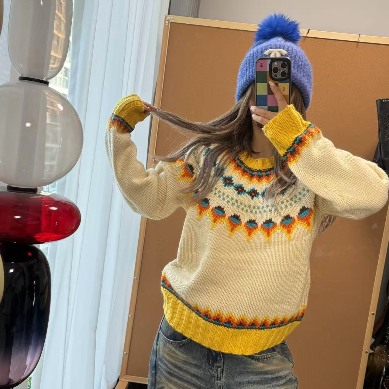 韩版几何花纹氛围感毛衣