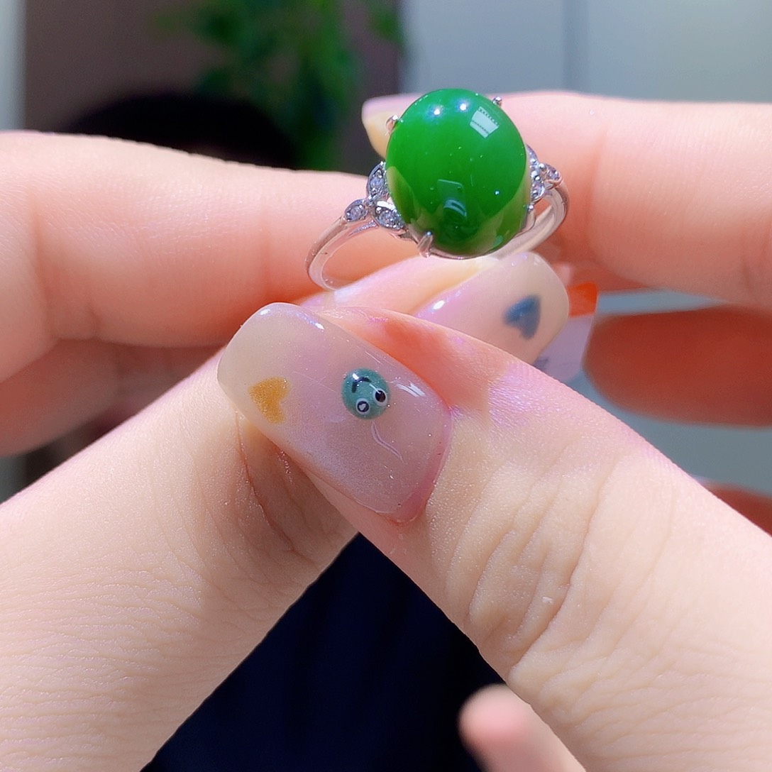 和田玉（碧玉）戒指银S925镀金镶嵌