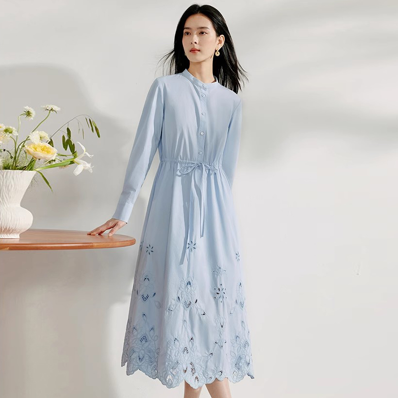 2.26早预告款春季新款高腰系带镂空设计衬衫连衣裙中长 NTS682231