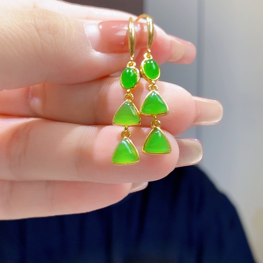 和田玉（碧玉）银S925镀金镶嵌耳饰