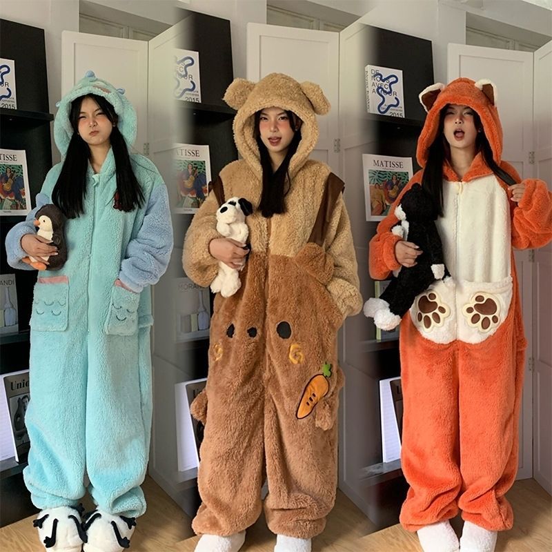 卡通动物连帽珊瑚绒睡衣女冬季新款加厚毛绒一体式连体衣居家睡袍