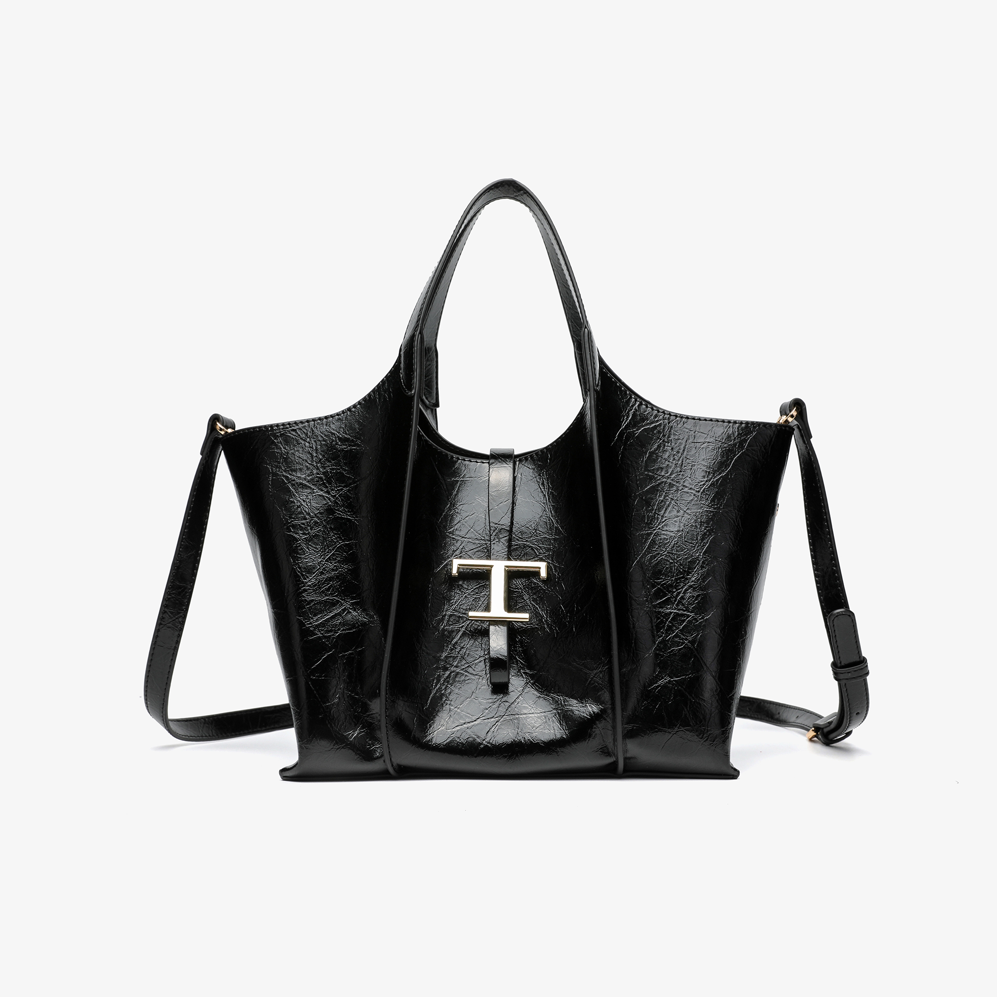 卡尔 蔻斯爆裂油蜡大T扣子母托特包CK25827A黑色