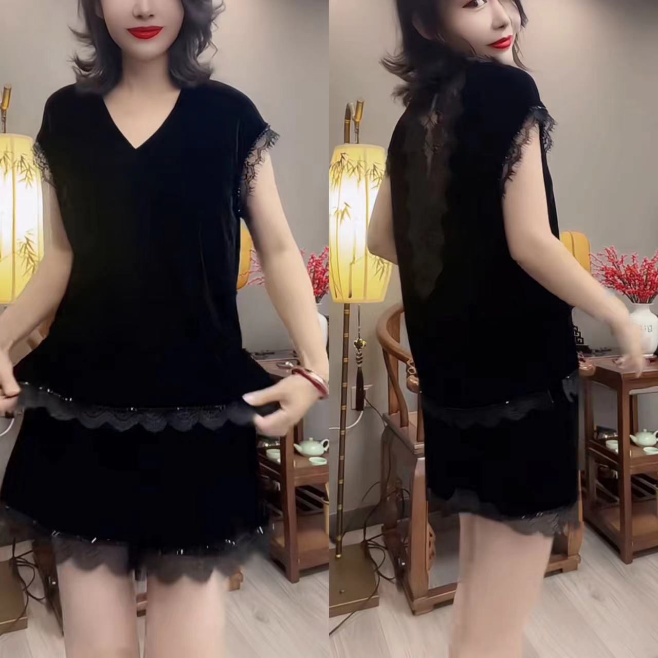 夏季无袖蕾丝拼接网红百搭套装