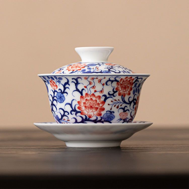 釉下彩青花釉里红薄胎防烫盖碗高白瓷茶碗茶具泡茶碗山水画缠枝莲