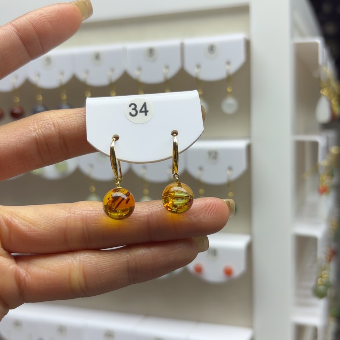 琥珀（花珀）银S925镶嵌耳饰