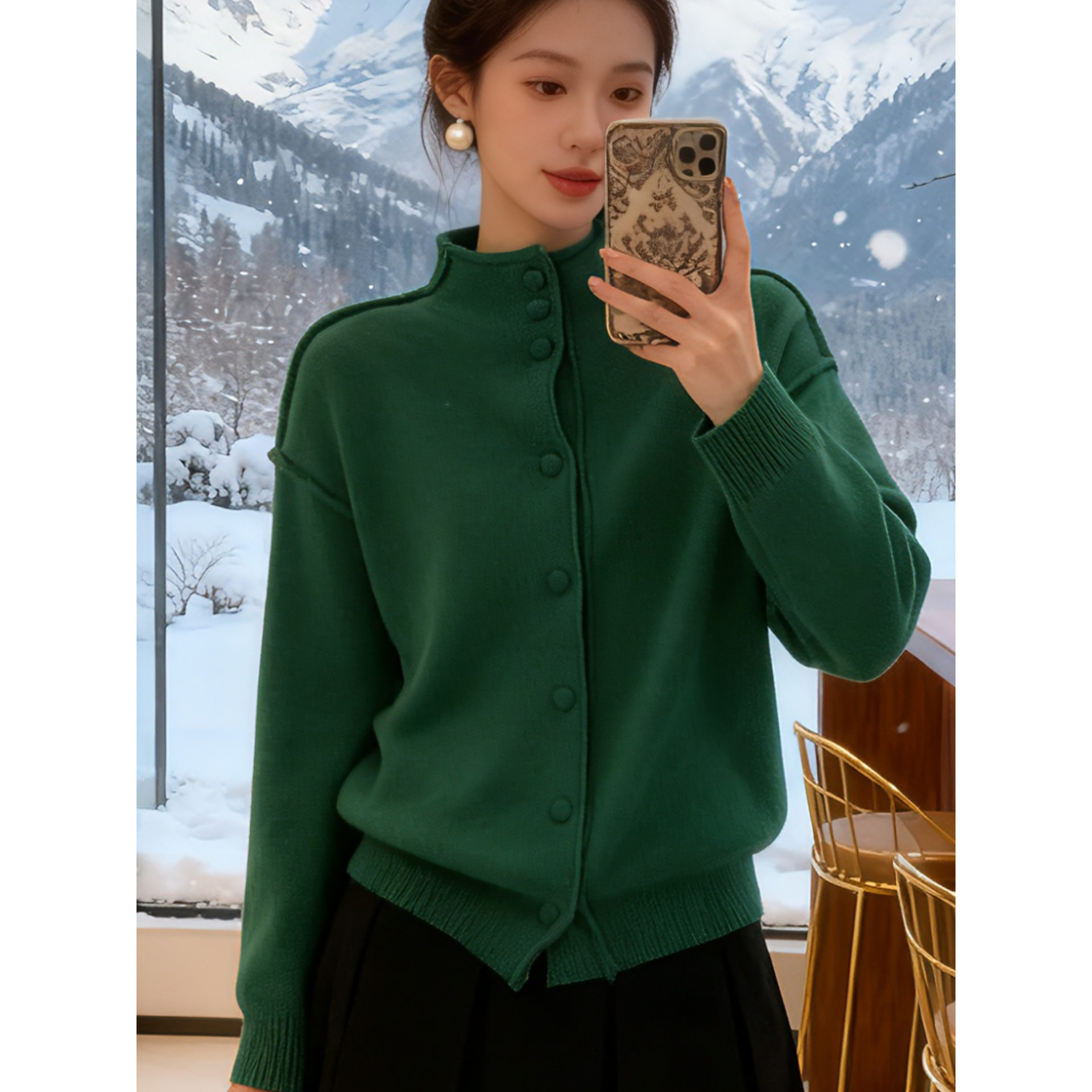 LJ107862全羊毛韩系半高领休闲风加厚开衫毛衣女士秋冬