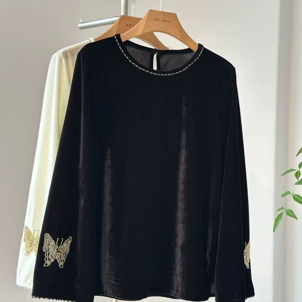 高级感新中式国风丝绒上衣长袖马甲内搭女宽松气质外穿打底衫