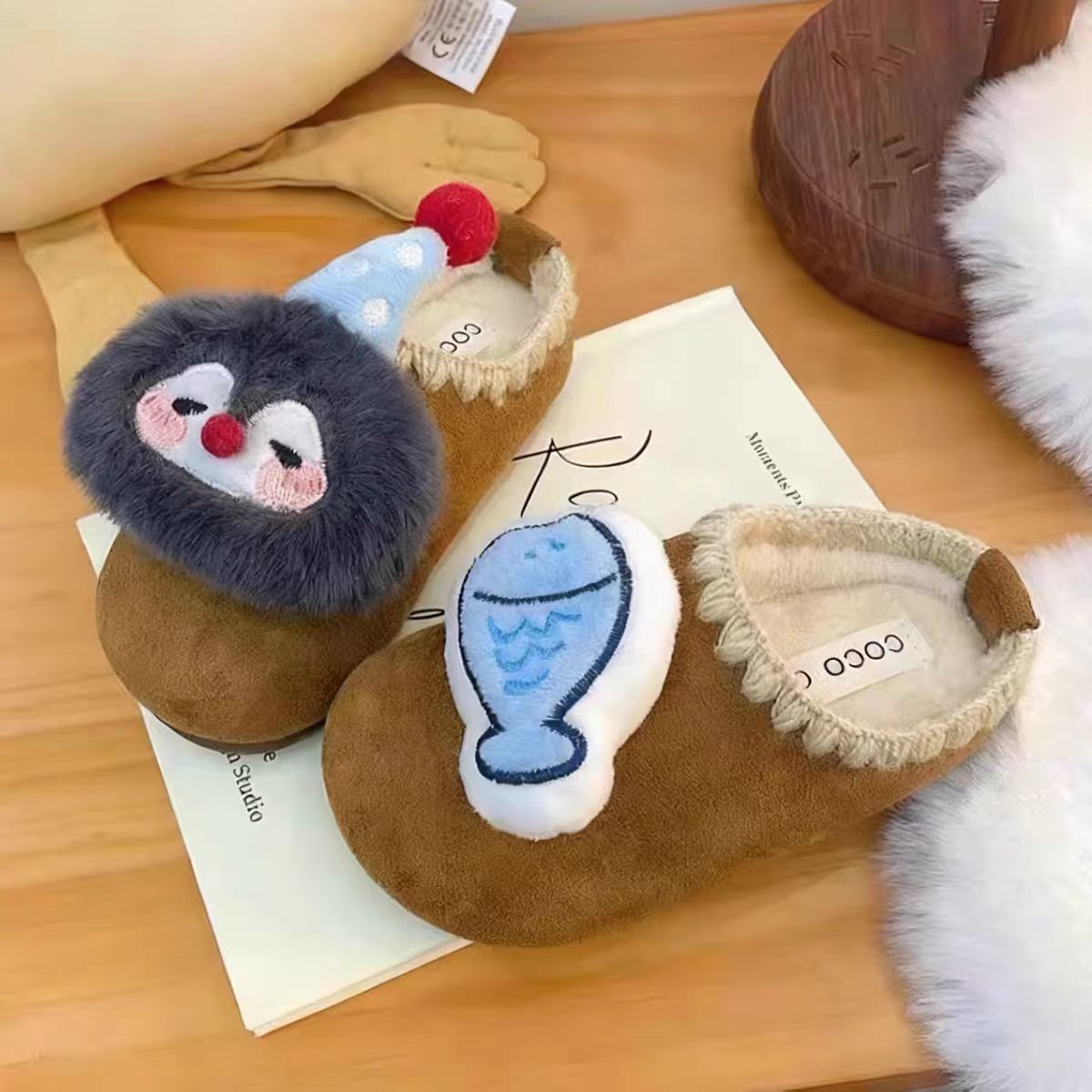 韩版儿童企鹅小鱼卡通勃肯棉拖鞋冬季女童加绒外穿棉拖男童棉鞋