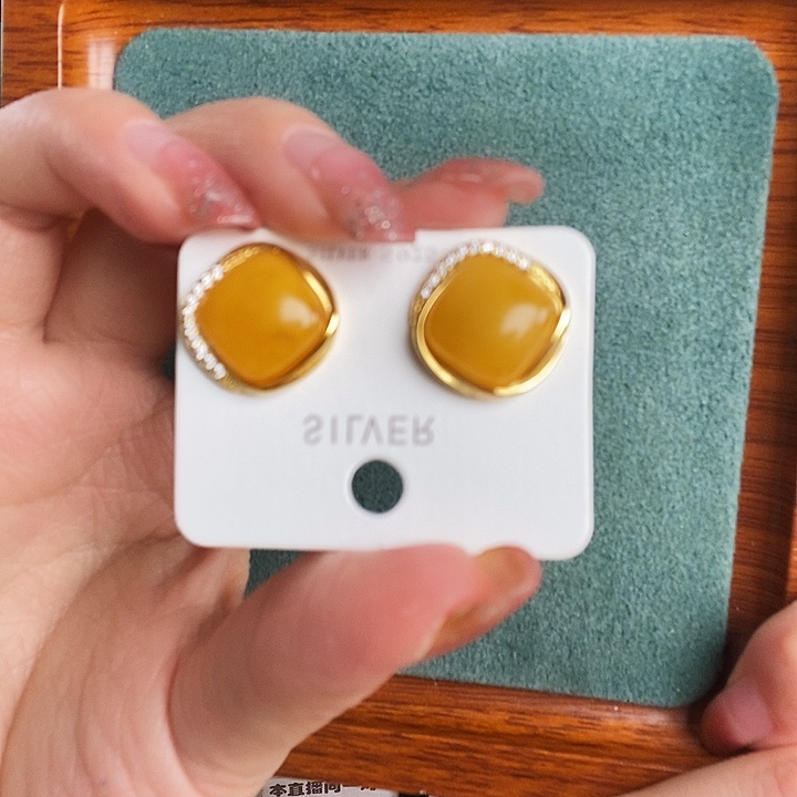 蜜蜡银S925镶嵌耳饰耳钉