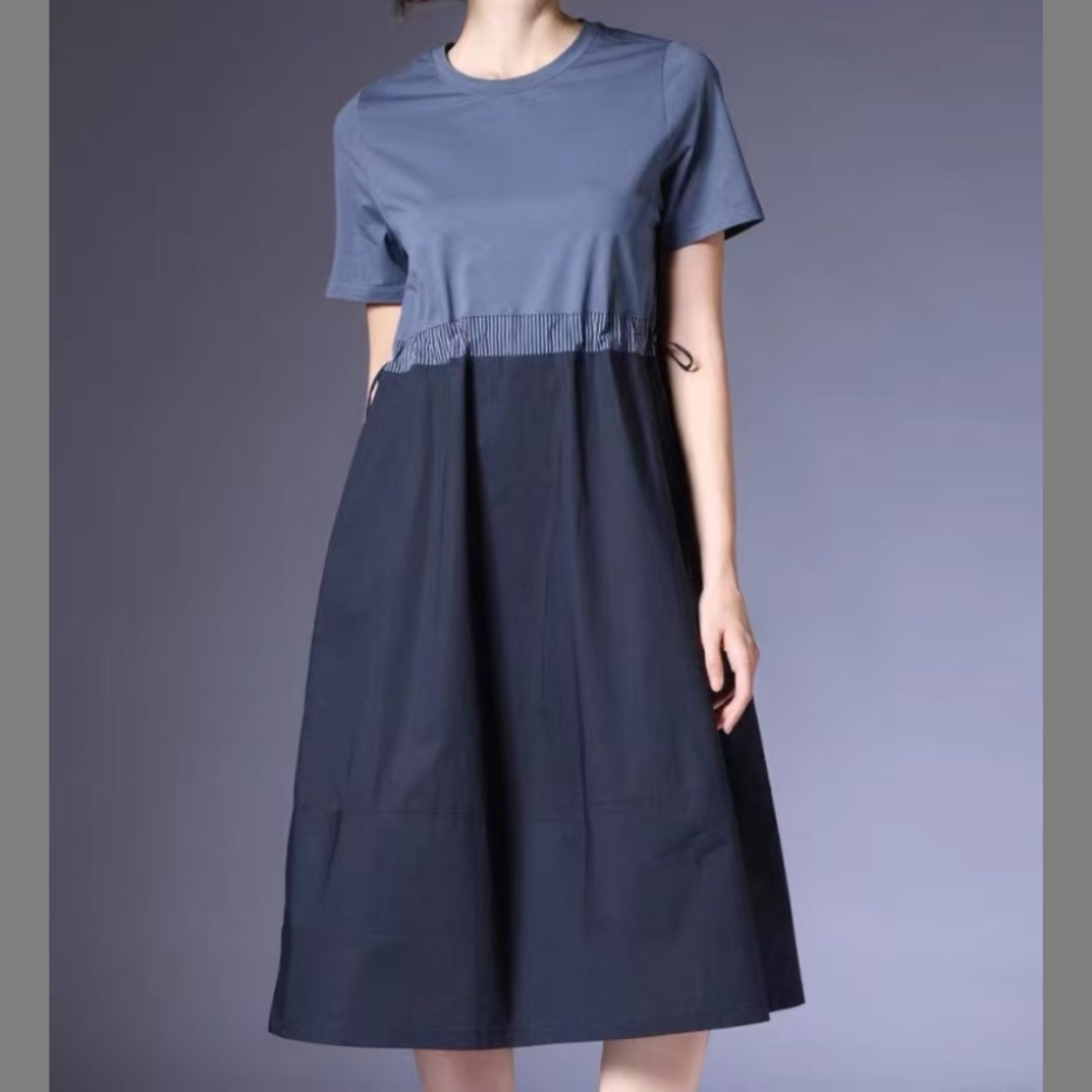 夏季纯色短袖连衣裙腰部抽绳设计显瘦连衣裙女士（YH2D4250）