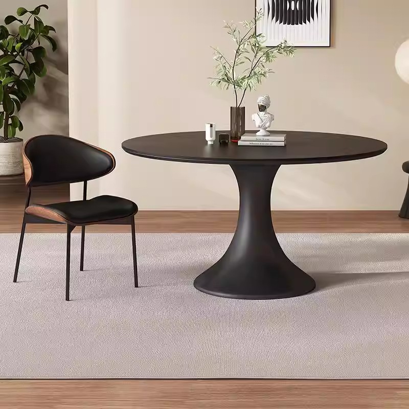 中古风岩板圆桌法式复古家用小户型餐桌高档餐厅小户型餐桌椅组合