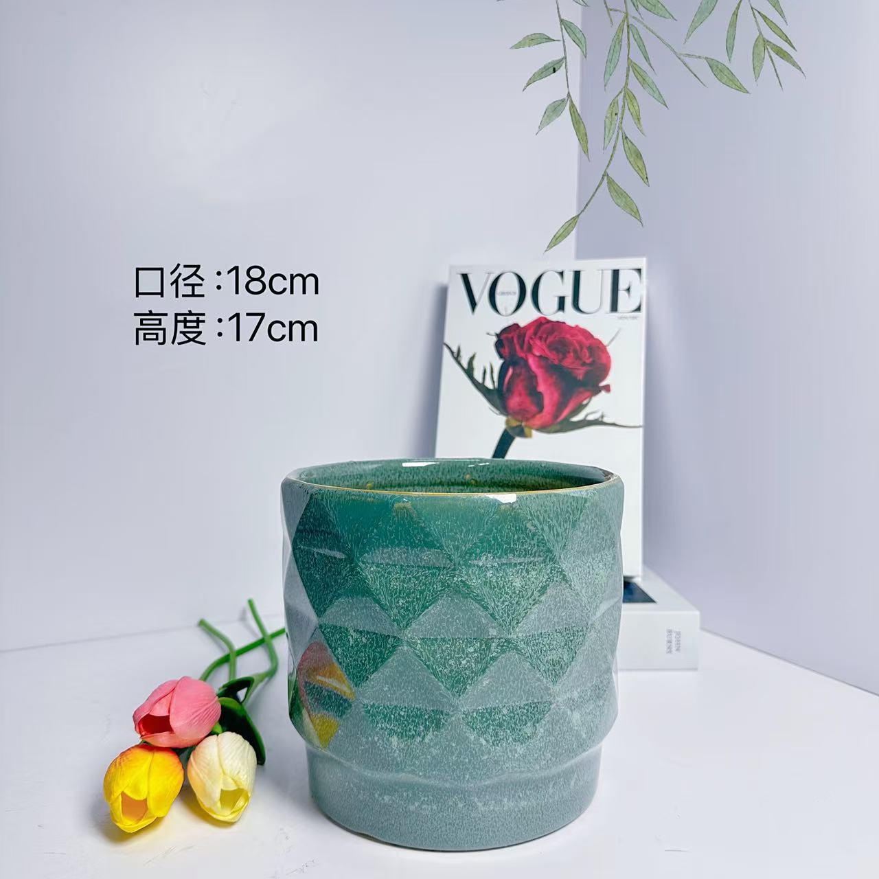 陶瓷花盆三菱雪花绿中号口18高17分多肉蝴蝶兰发财树文竹客厅阳台