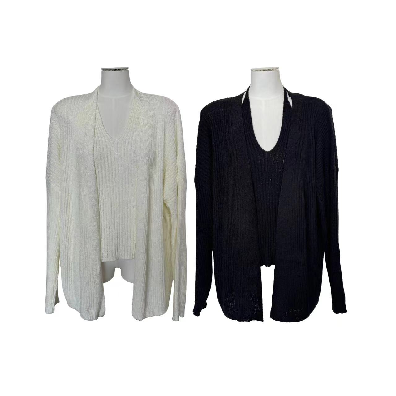 gj2590新款秋季慵懒风宽松针织开衫外套+挂脖系带吊带背心两件套