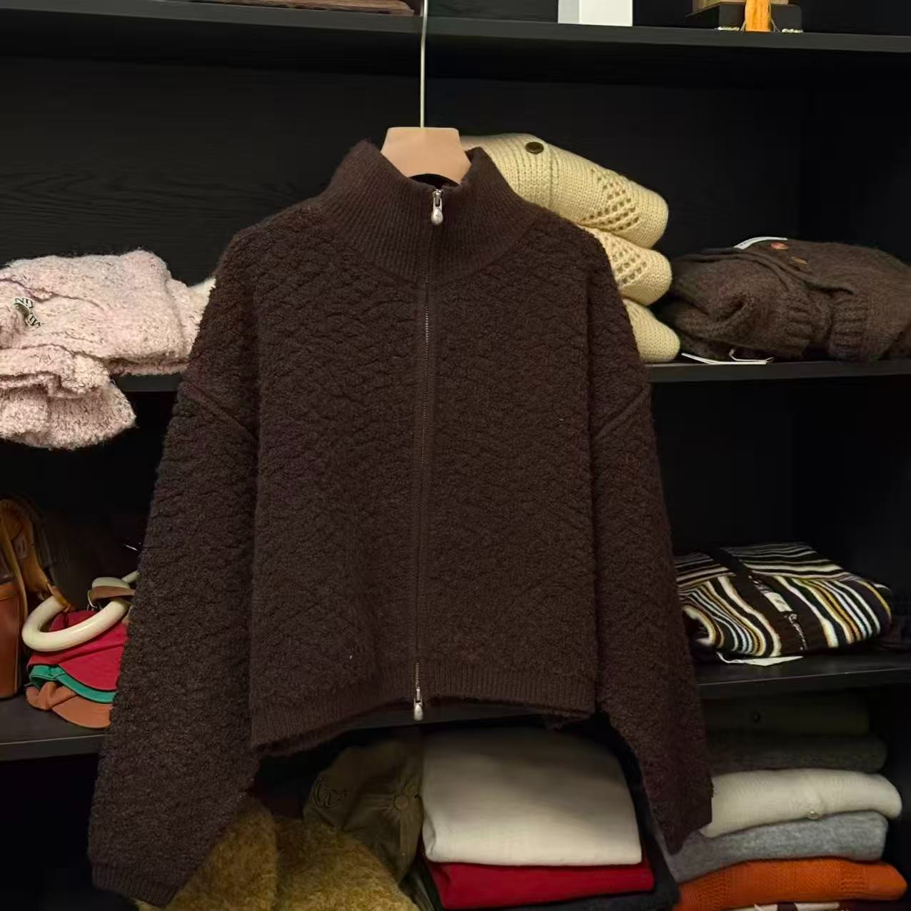 K2517 <黑巧熔岩> 咖色圈圈针织拉链开衫