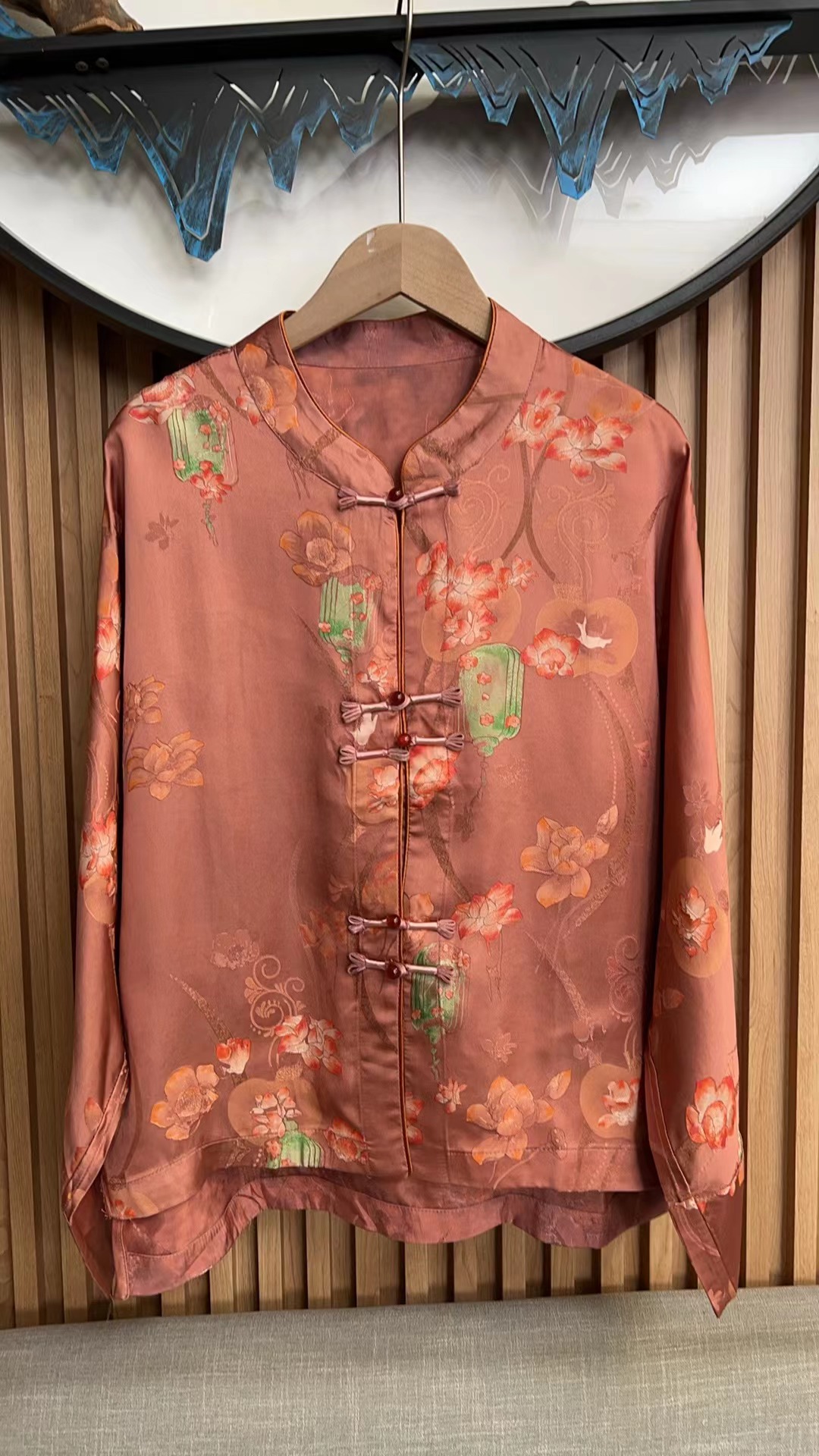 3362修身型新中式女春款单排扣短外套双面长袖印花复古