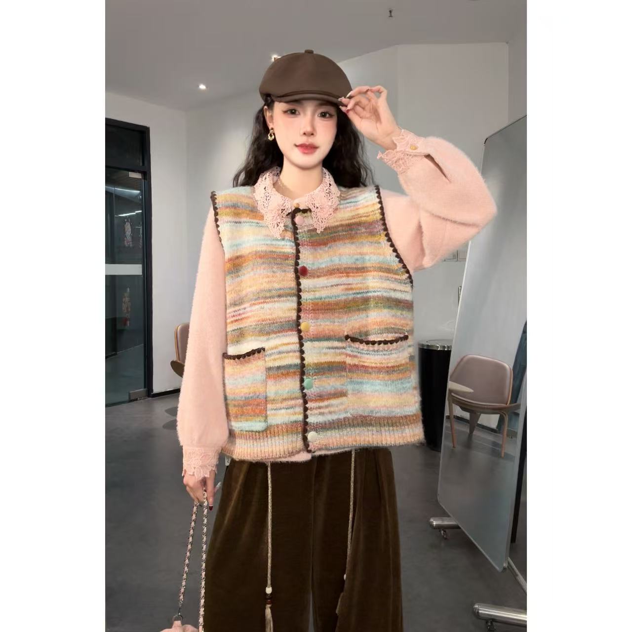 VGVL旻旻马甲【马卡龙】秋冬款设计感气质百搭彩色条纹马甲女50314