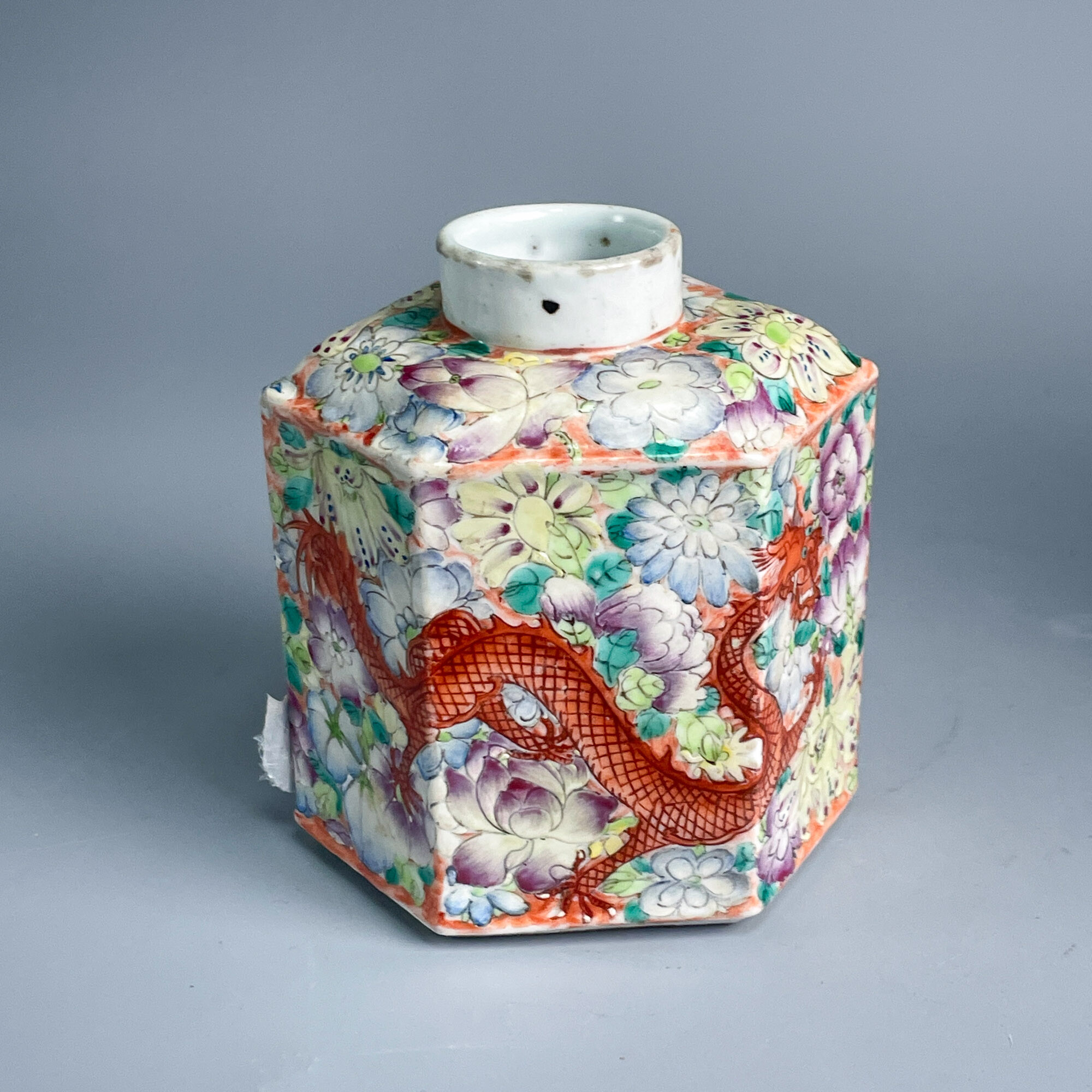 瓷器/古董清光绪粉彩龙穿百花六方茶叶罐M25AW003529/文物/绣花张