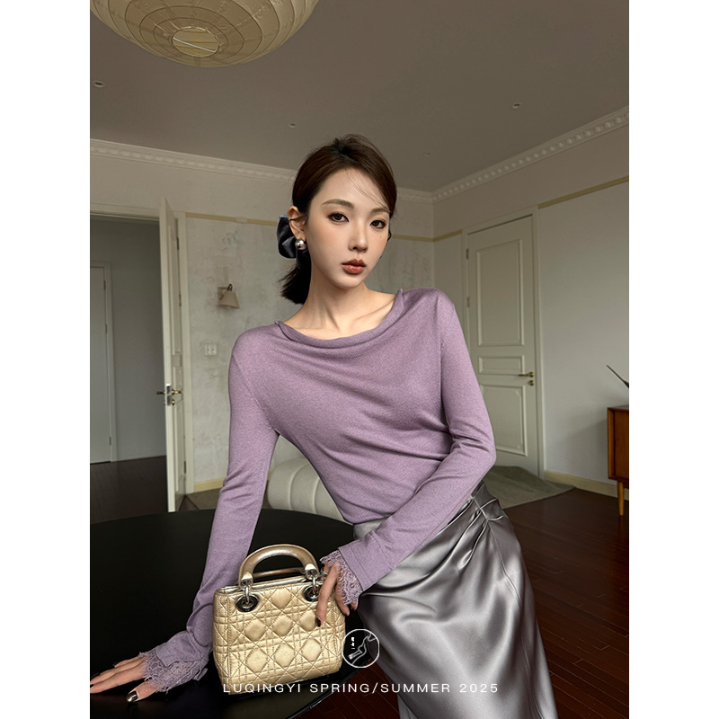 鹭青一原创【含羞】46支绢丝羊绒针织衫女法式荡领上衣L25M0581L