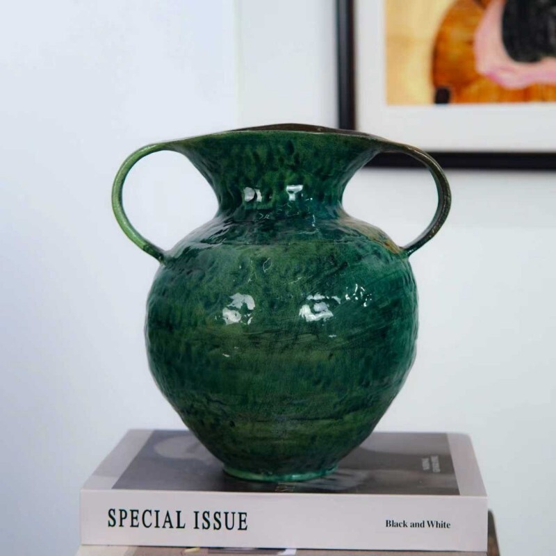 [挽月]无忧景德镇绿色双耳陶瓷室内玄关桌面高级复古摆件鲜花绿植