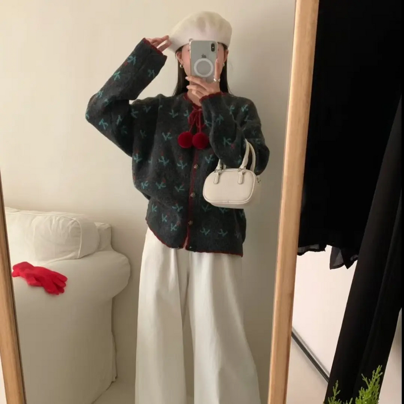 复古浪漫花朵提花针织毛衣撞色开衫女设计感百搭加厚外套上衣潮