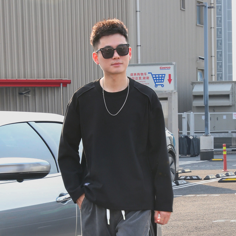 立体解构线条上衣男款2025早秋时尚拼接圆领宽松休闲卫衣男士