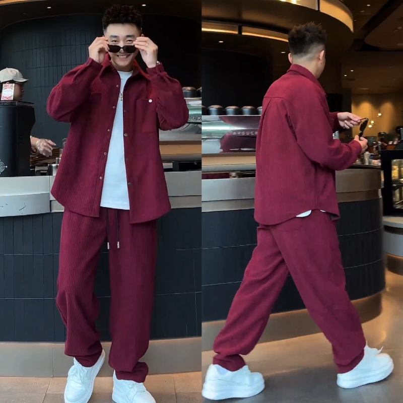 加大码男装灯芯绒休闲套装男士翻领衬衫外套宽松大码直筒休闲裤男