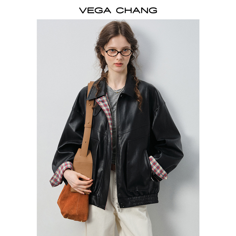 VEGACHANG【飒美交融】皮衣女2025新款秋季翻领拼接撞色外套0085XT