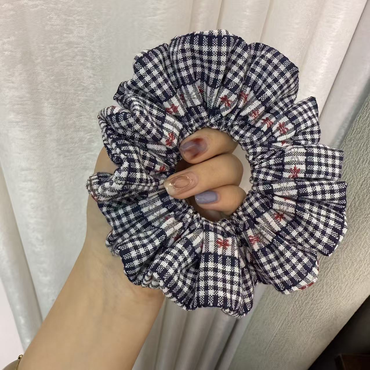 KENA原创设计藏青格韵【蓝格红笺】显白小众发饰发圈