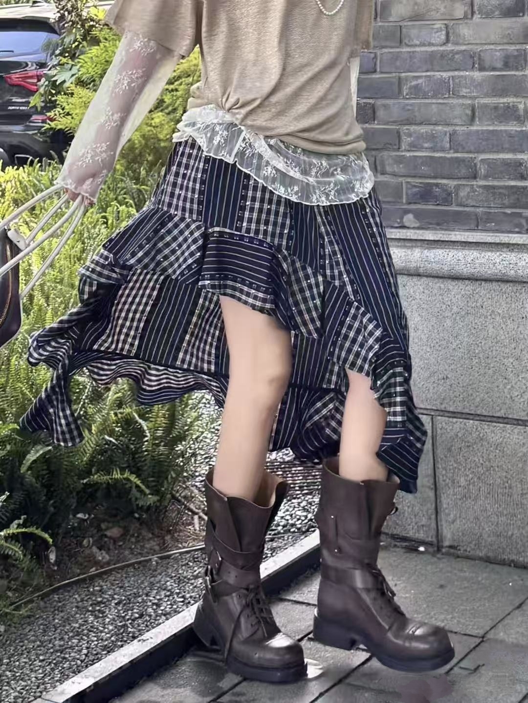 亲妈~2025夏新款 烫片钉珠不规则半身裙女小众设计款格子裙子