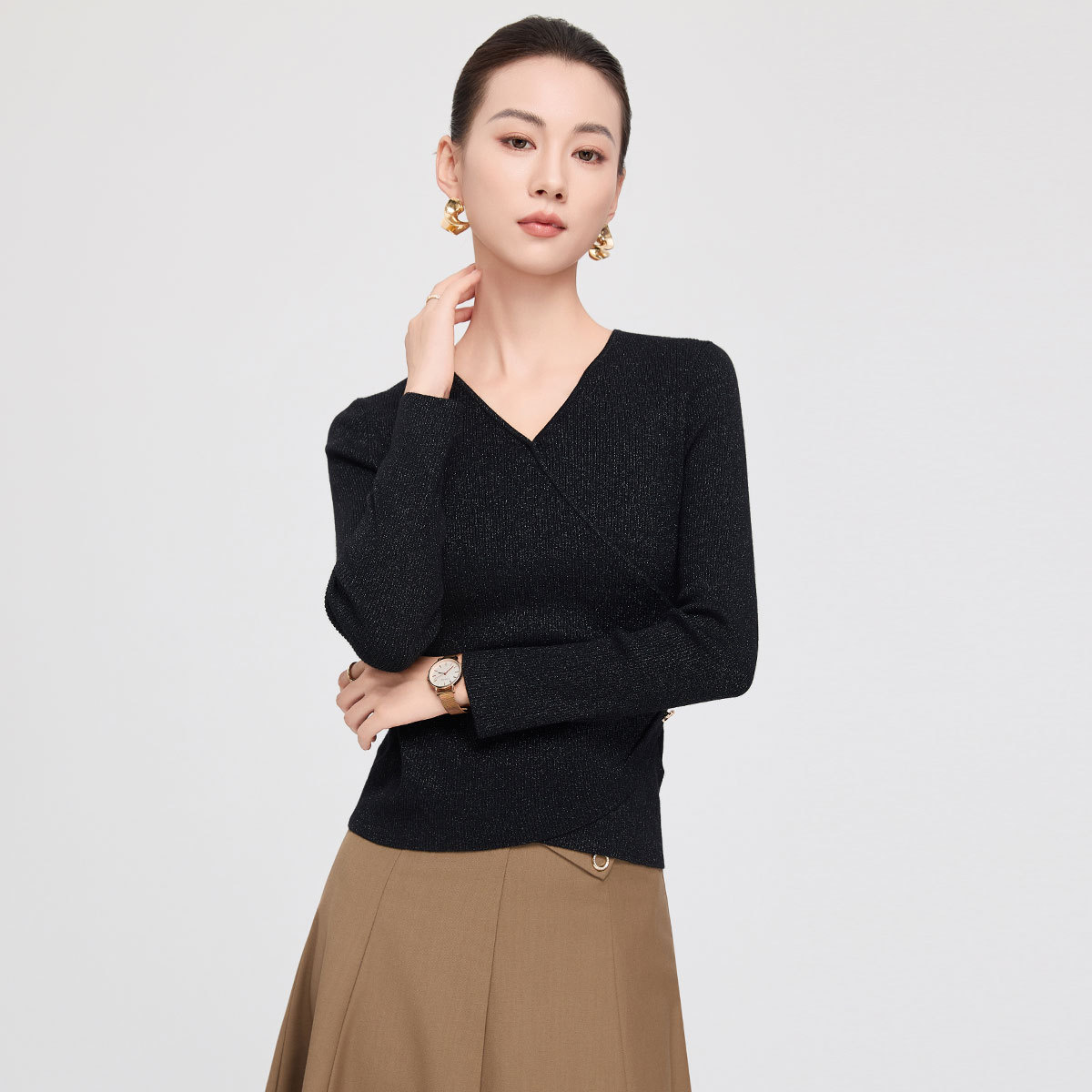 【V领针织衫】秋季纯色气质减龄上装弹力女式套头衫GC922630
