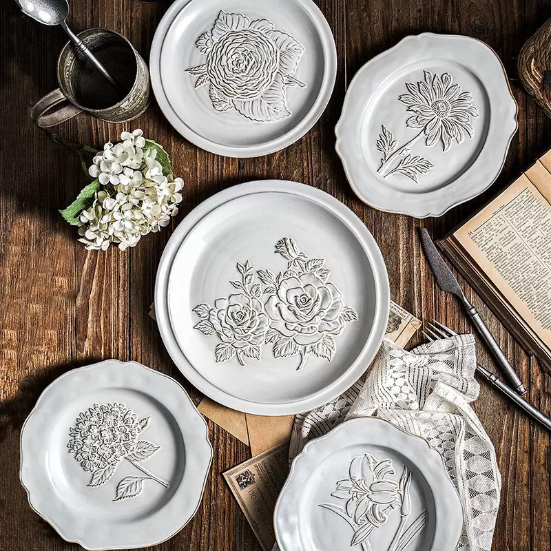 法式浮雕宫廷复古风文艺釉下彩牛排盘热菜盘