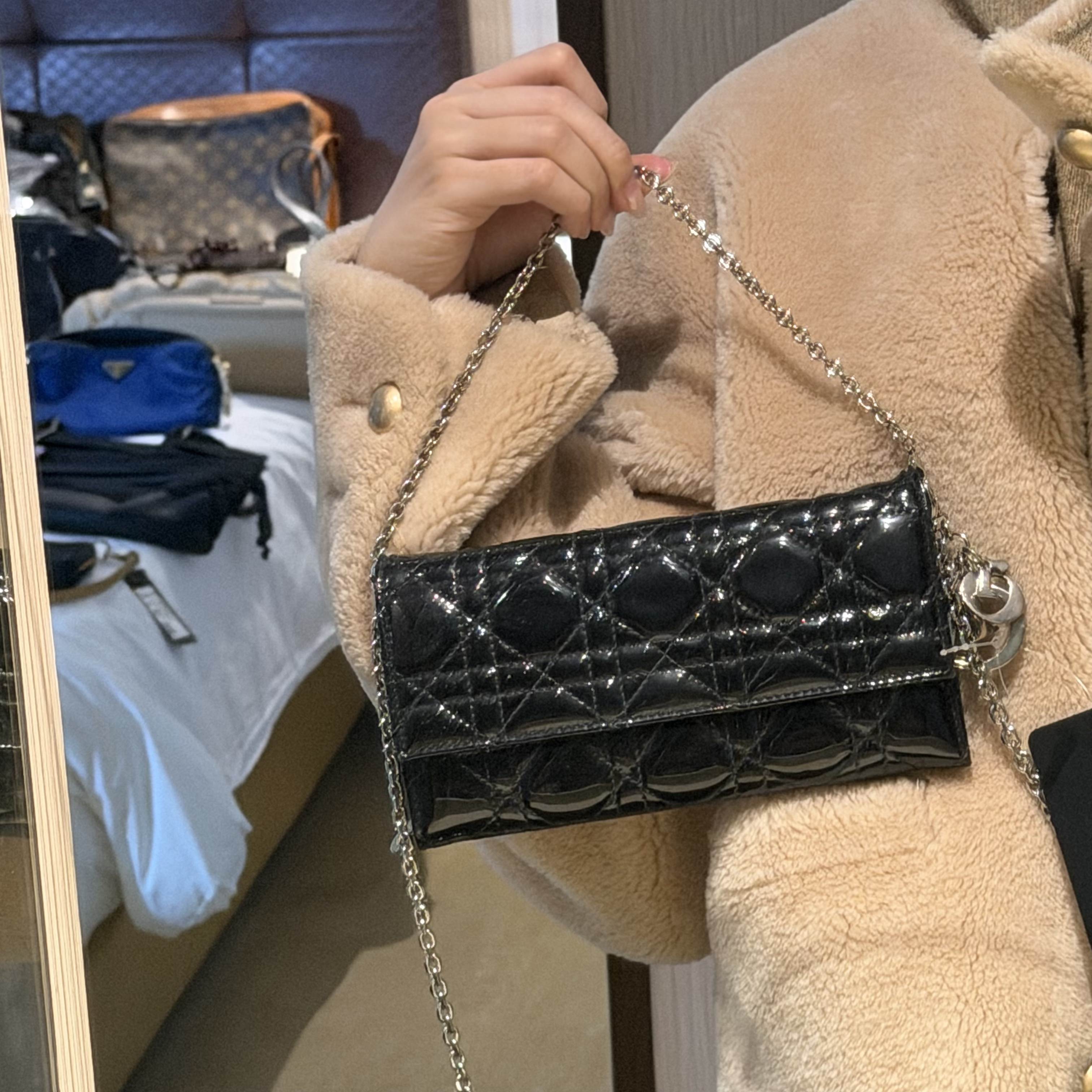 95新 DIOR/迪奥 Dior黑银漆皮Woc