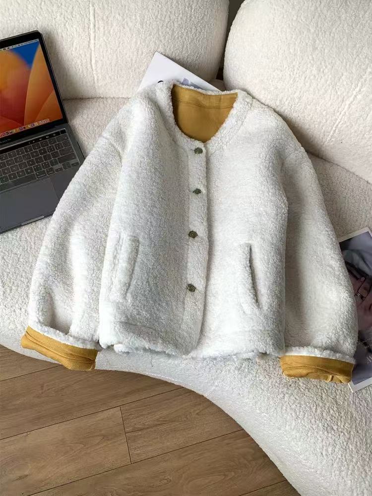 修身颗粒绒外套加厚短款撞色内里2025冬夹克