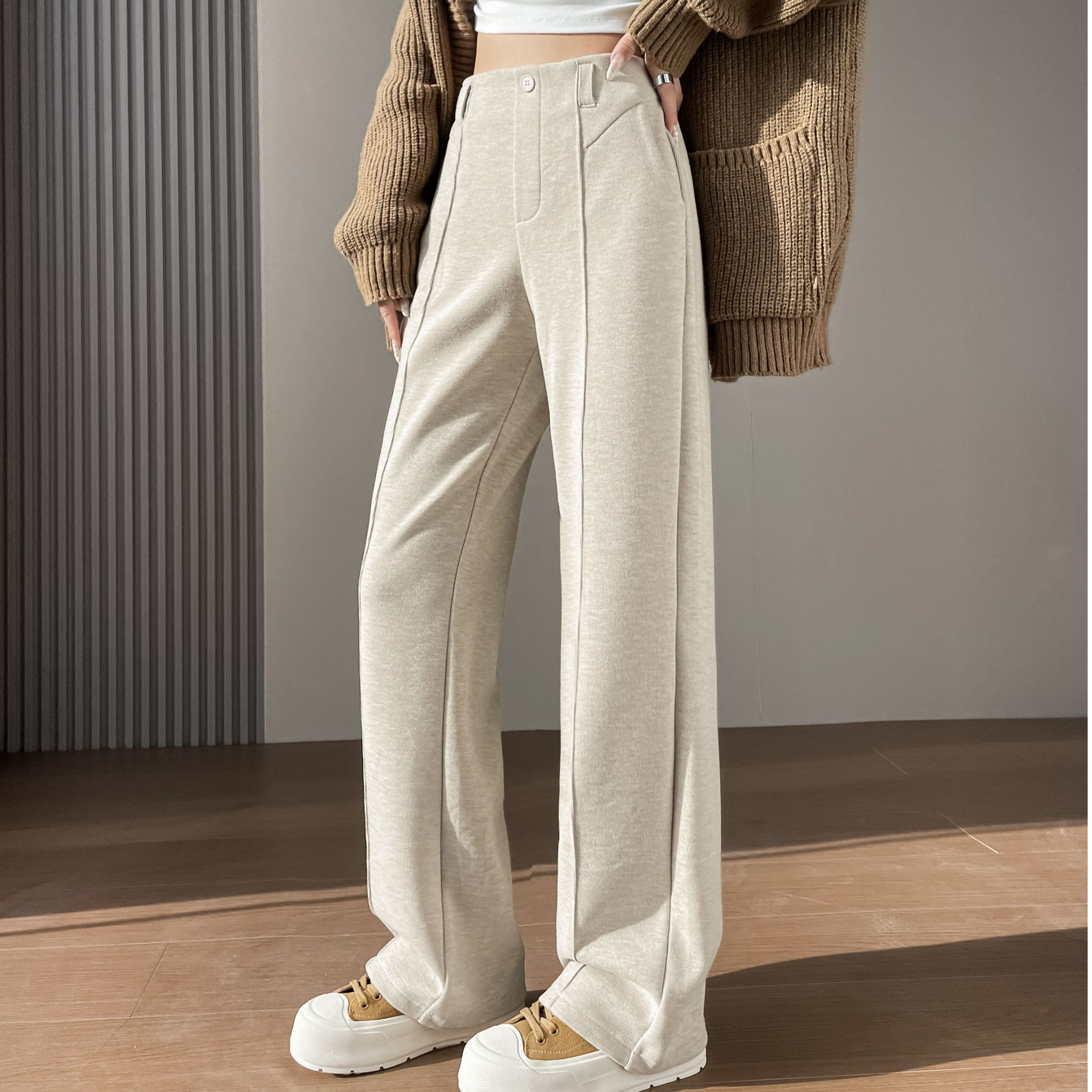 南妮子女装毛呢阔腿裤秋冬高腰加绒加厚裤子女窄版休闲时尚直筒裤