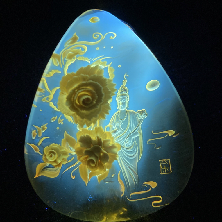 自在观音 琥珀阴雕吊坠 余贤国大师雕刻作品 琥珀蜜蜡