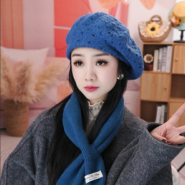 复古针织蓝色破洞贝雷帽女秋冬显脸小日系大头围保暖百搭画家帽子