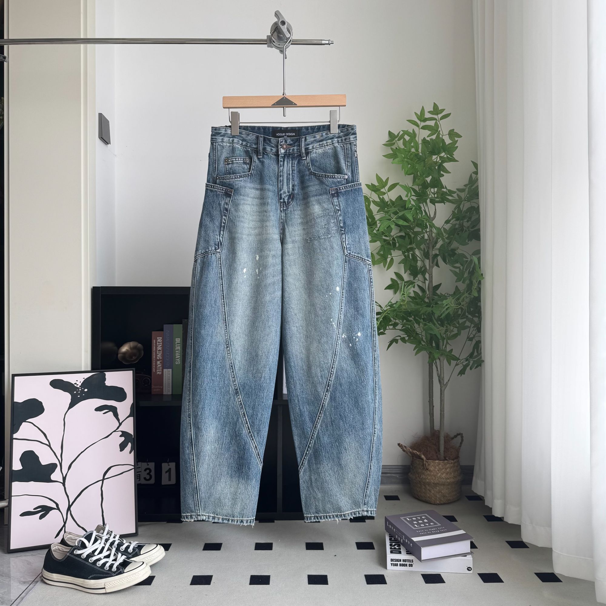 美式复古直筒阔腿裤立体剪裁泼墨牛仔裤渐变情侣牛仔裤