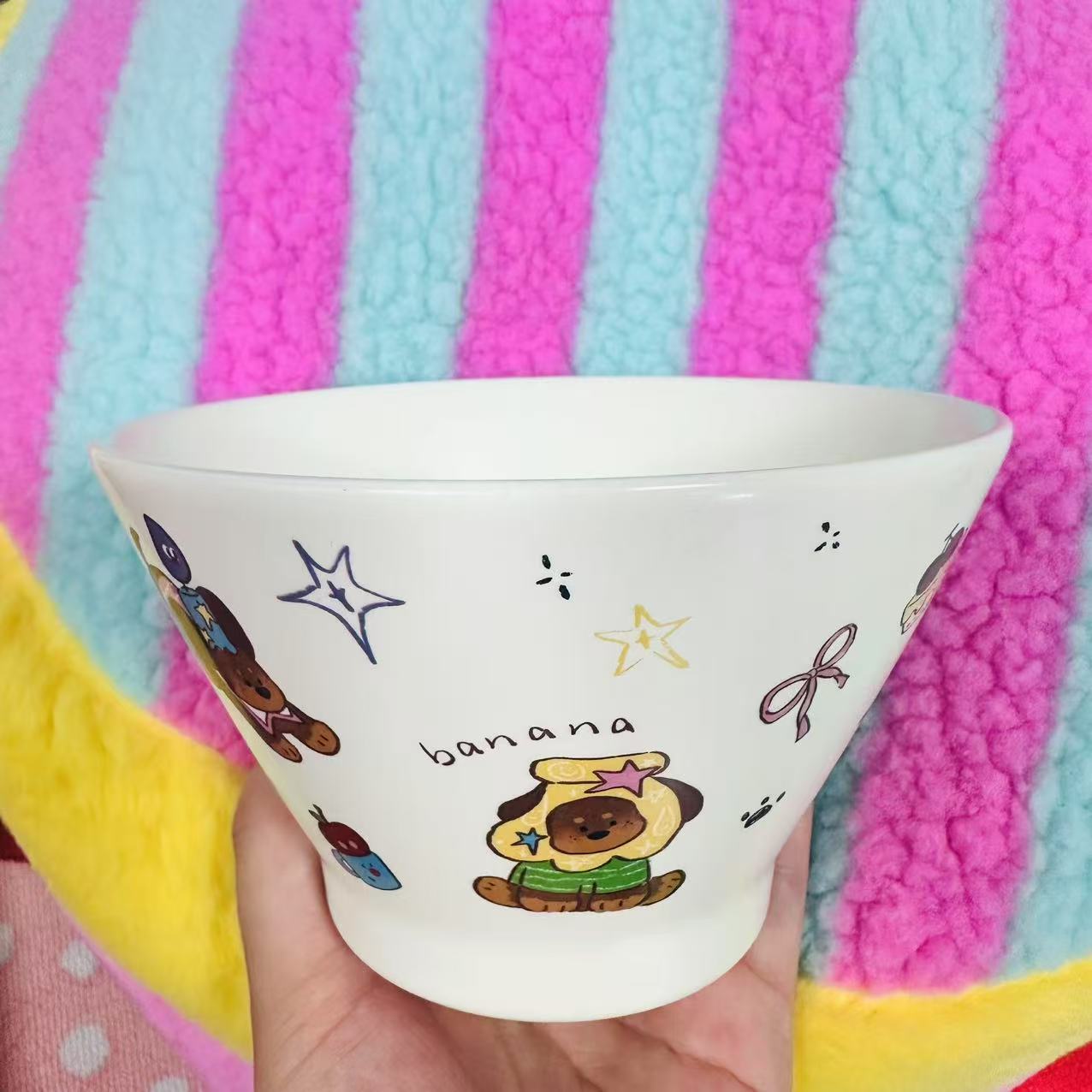 【星漫】创意涂鸦网红腊肠狗陶瓷斗笠碗高颜值家用米饭碗两只装5寸