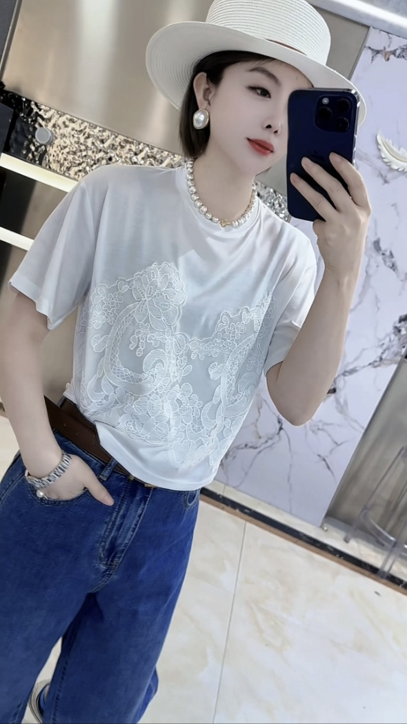 刺绣宽松型修身型短袖蕾丝T恤女士休闲