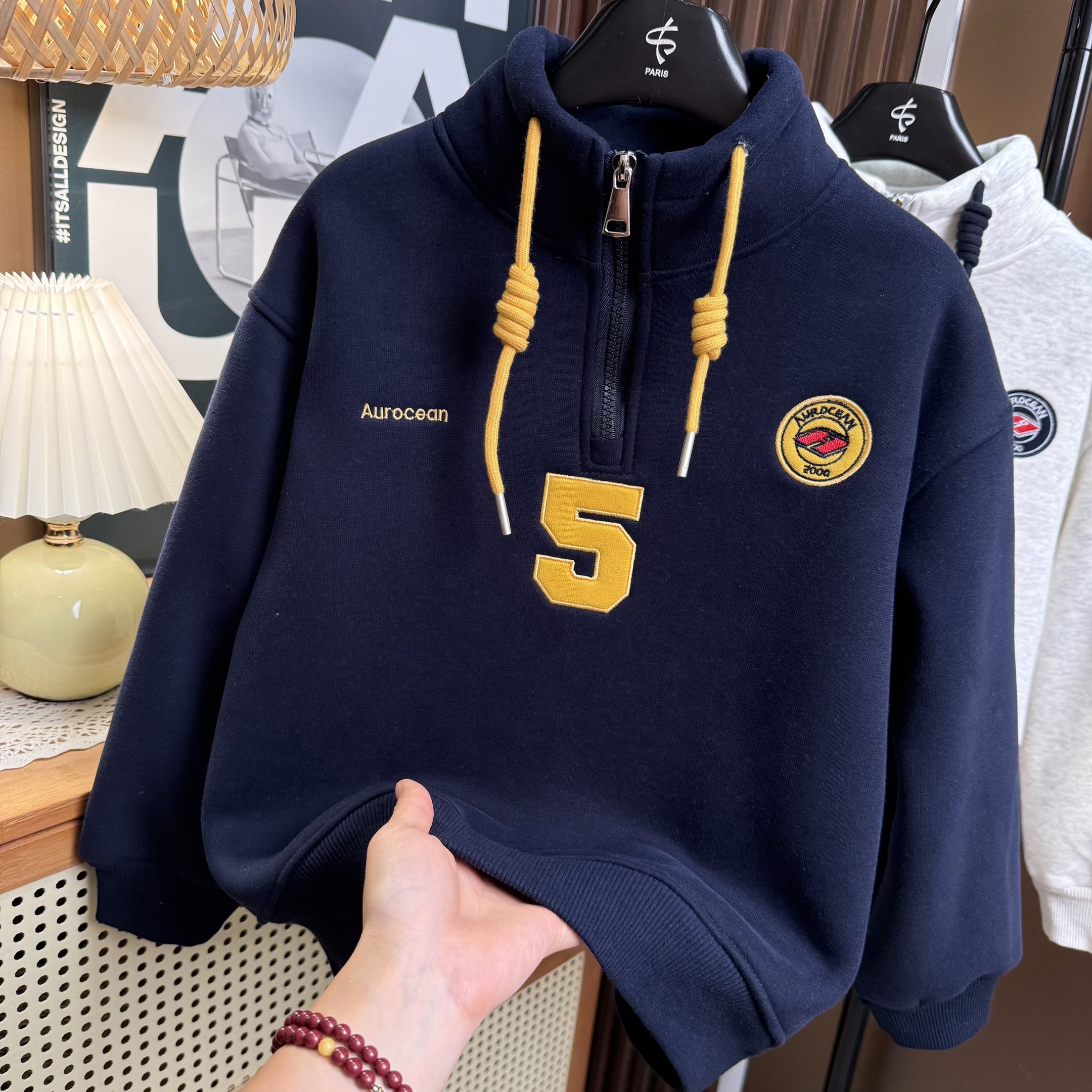 【温暖葵花绒】韩版加厚数字5半拉链中大童ins休闲时尚卫衣00400