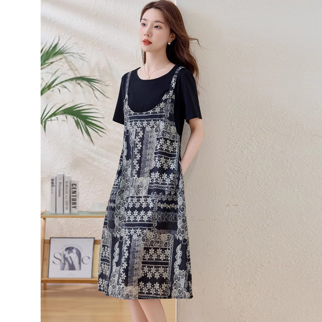 6.5早预告款夏季新款法式假两件拼接碎花背带连衣中长裙NTS682703