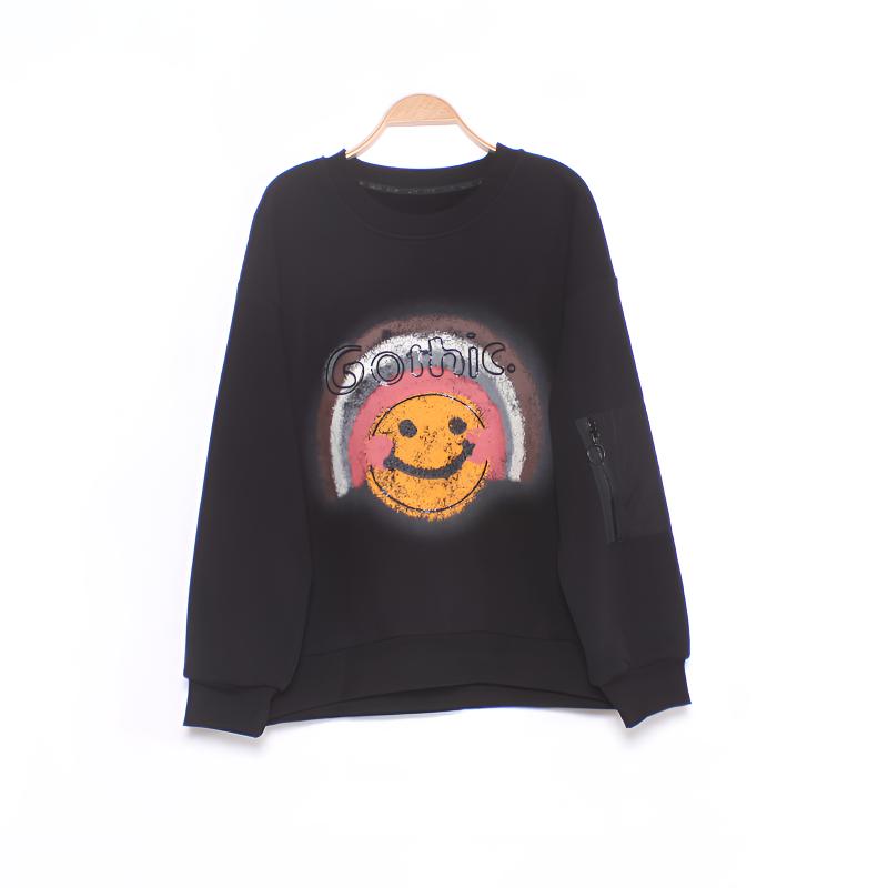 字母笑脸印花加绒卫衣显瘦大码时尚潮牌宽松休闲百搭2025冬季新款