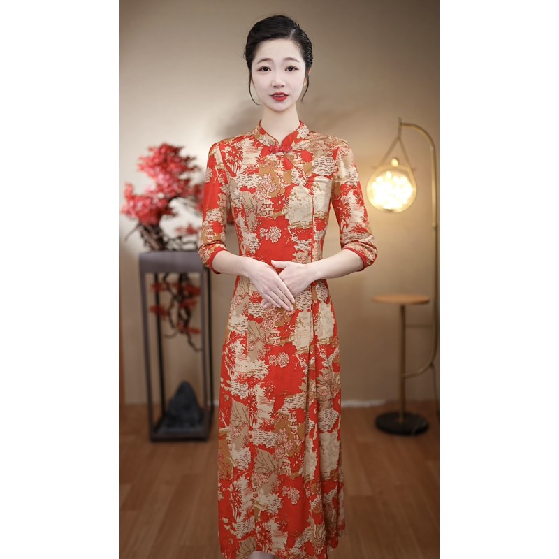 （2号红白花*7分袖6珠）2025春季新款妈妈气质红色改良旗袍连衣裙