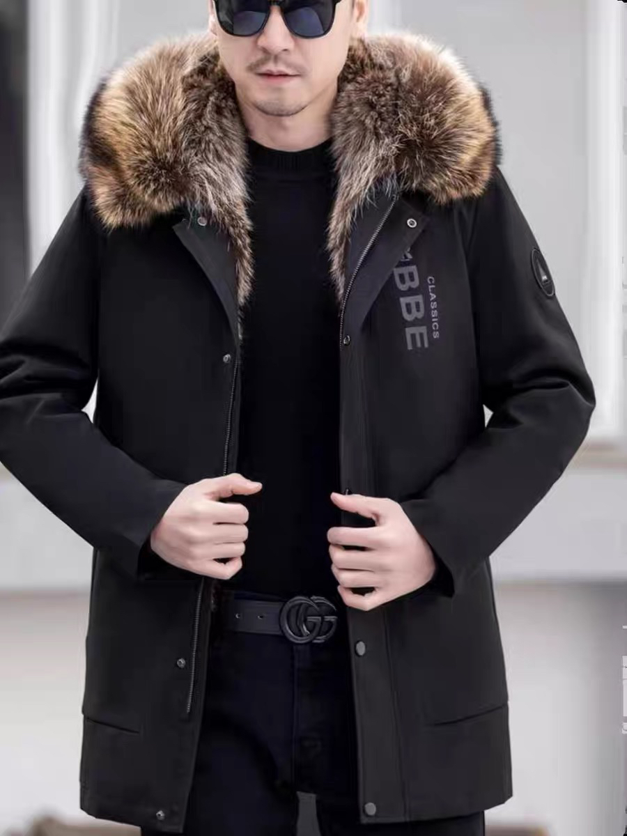 北美洲貉皮整皮内胆男士商务休闲派克服抗寒保暖字母中长款