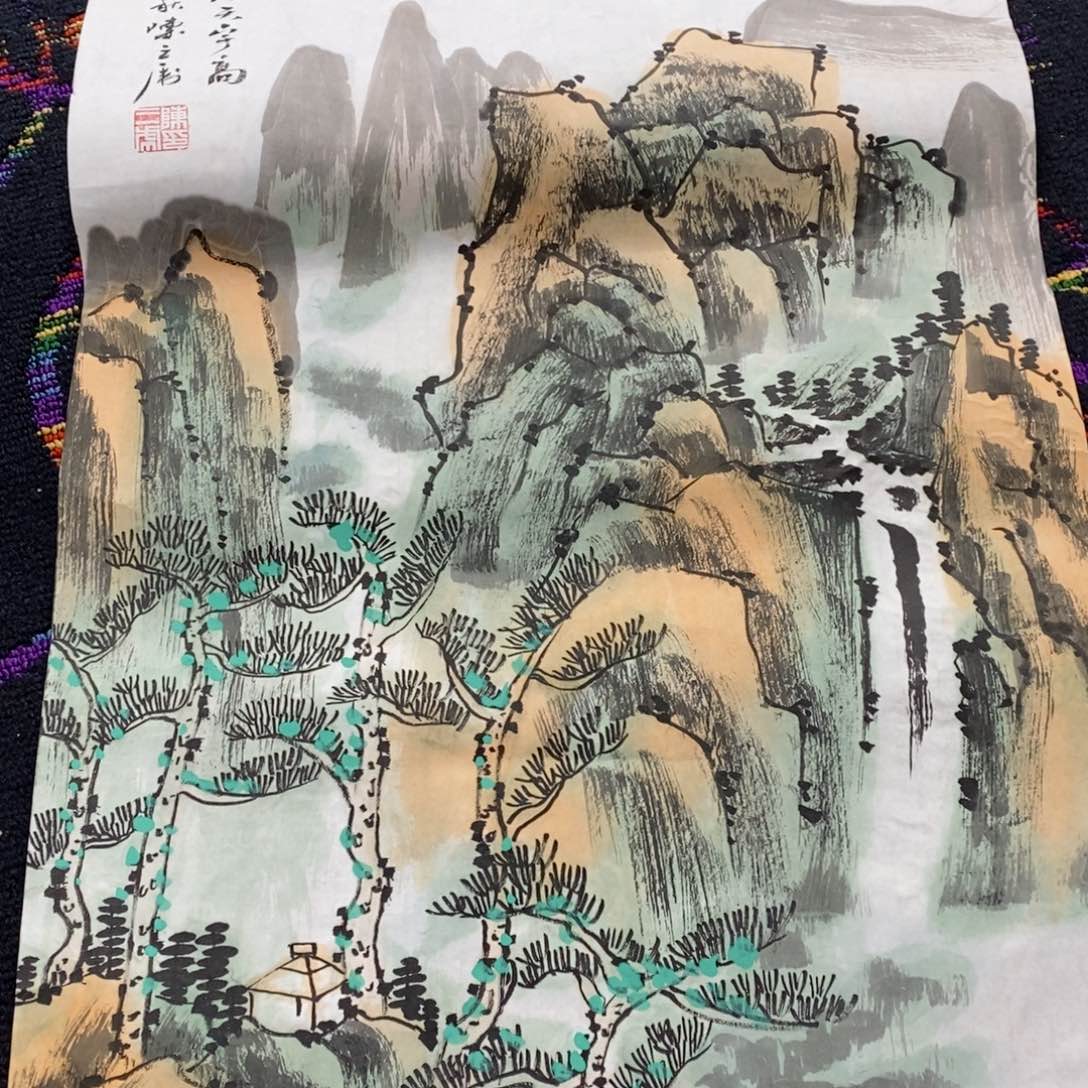 国画陈三虎四尺三开山水朱