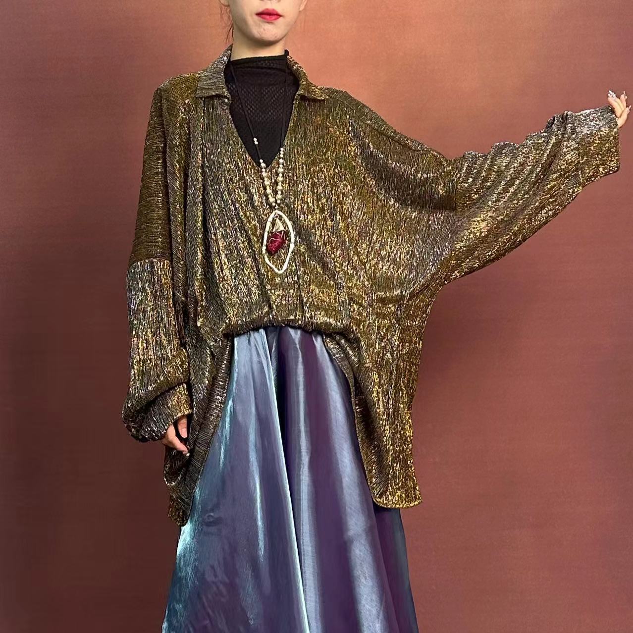 【大海轻奢】L24070新款金色渐变捏皱显瘦设计师款时尚上衣