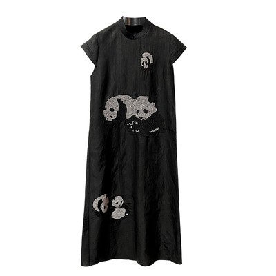 SUOER/娑尔100桑蚕丝黑底熊猫刺绣香云纱连衣裙SF2LB0287