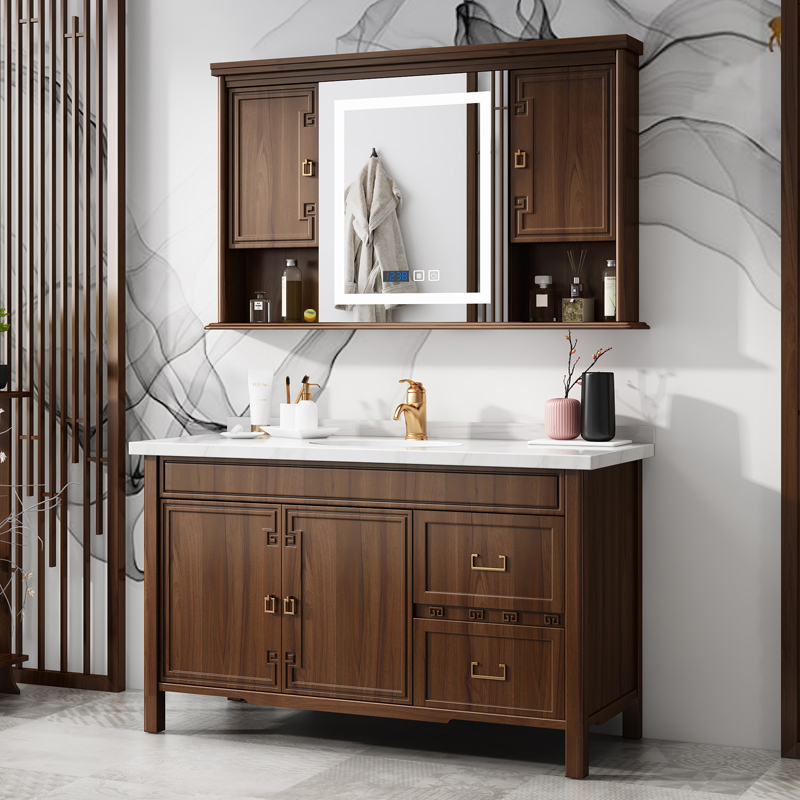 岩板新中式浴室柜组合陶瓷一体盆岩板橡木实木卫生间洗漱台盆奢石