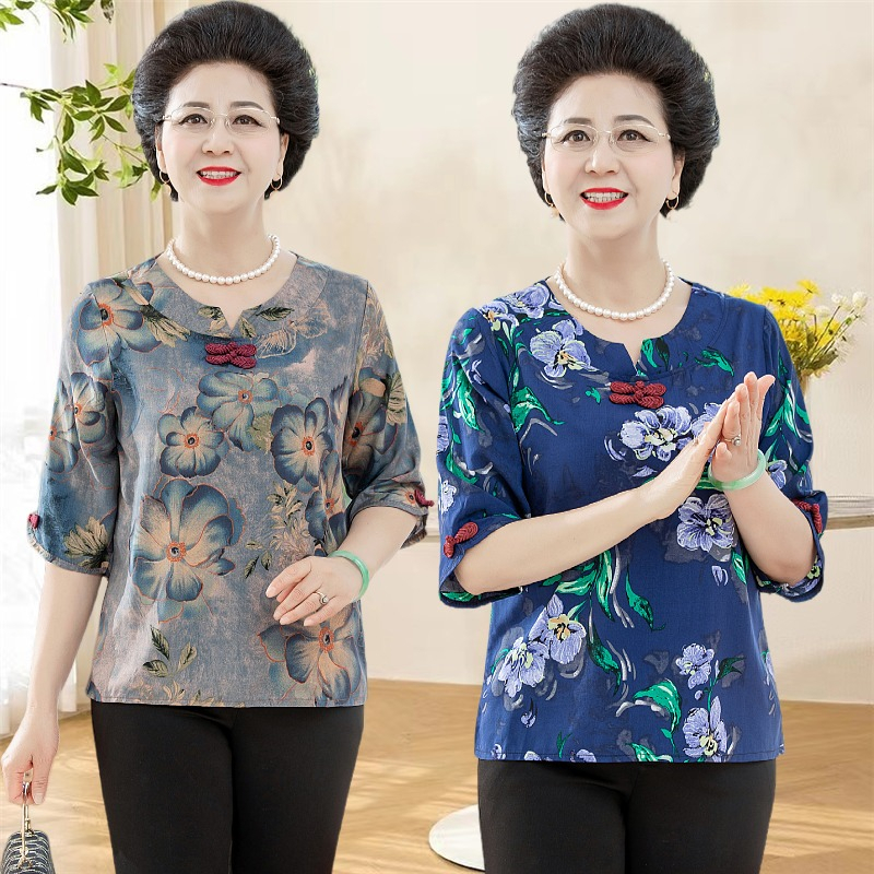 奶奶国风夏季绵绸中袖T恤中老年女装60-70岁中老年人妈妈装夏装