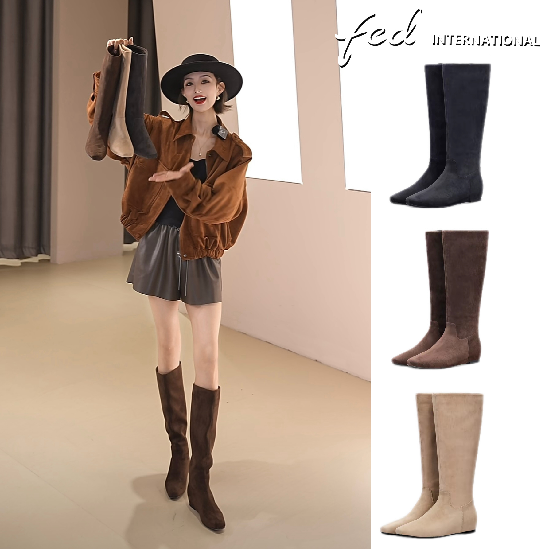 【轻量感绒面】FED女鞋25年秋冬方头内增高极简骑士靴时装靴DLH0260